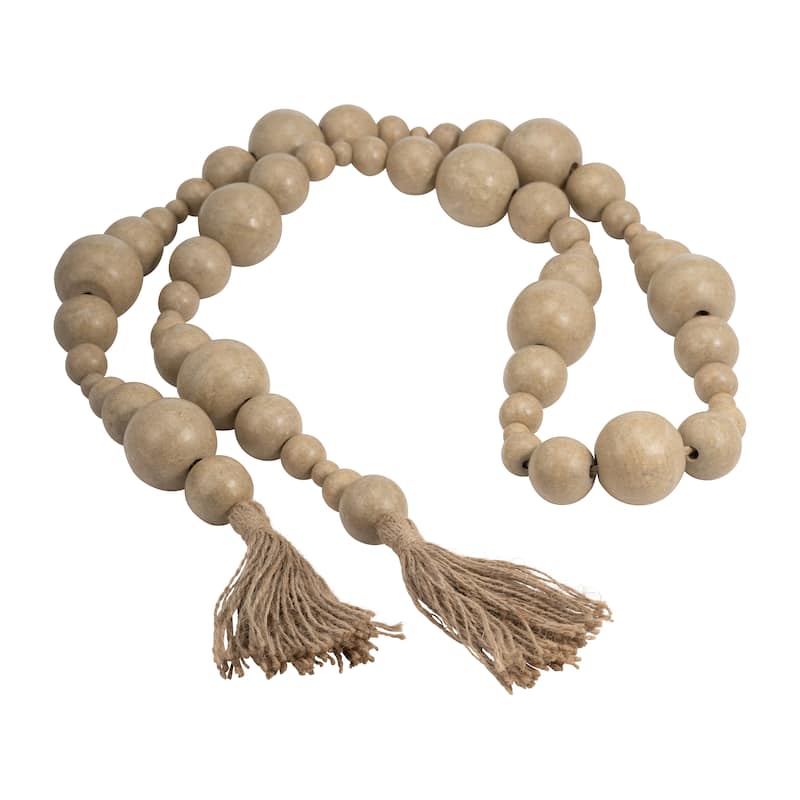 Sagebrook Home Handcrafted Wood & Jute Beaded Garland with Geometric Accents and Tassels for Home Decor - 84" x 2" x 2" - Ivory/ Tan