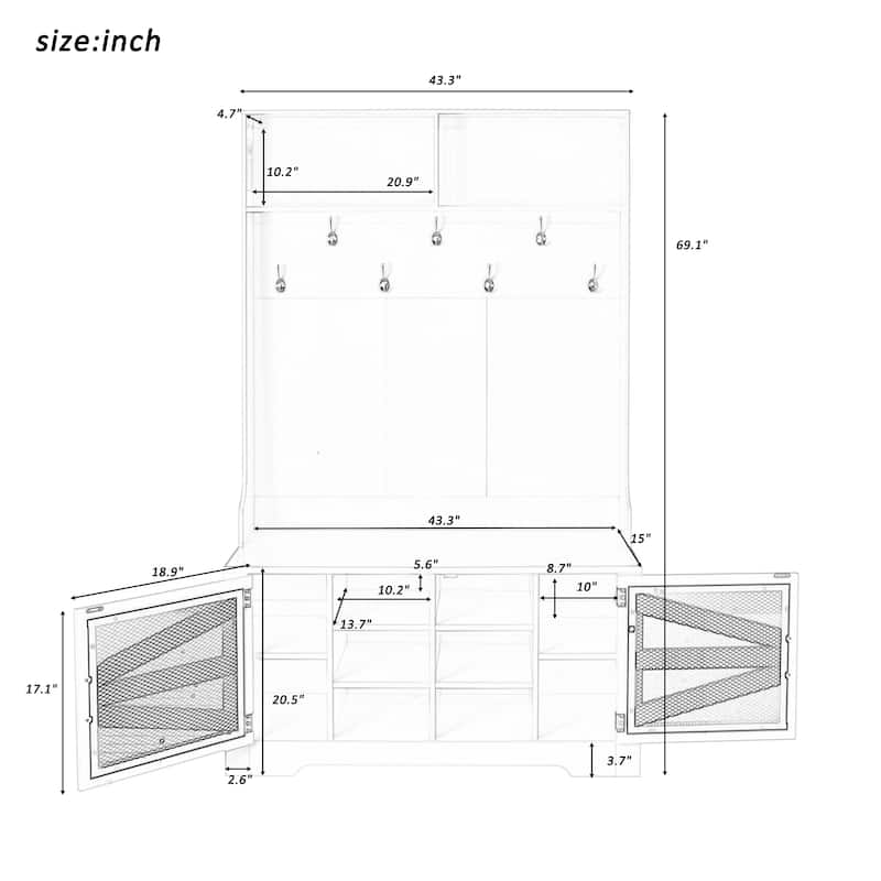 43.3" 3-in-1 Wood Coat Rack with Adjustable Shelves and 7 Hooks