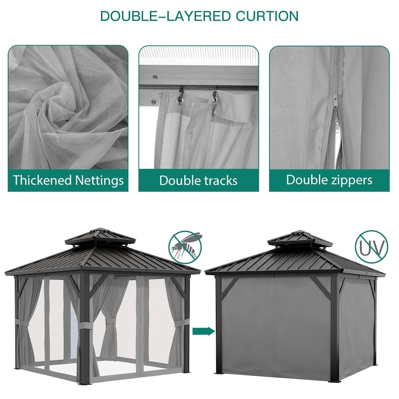 Outdoor Galvanised Steel Hardtop Gazebo, with Netting and Sunshade Curtains