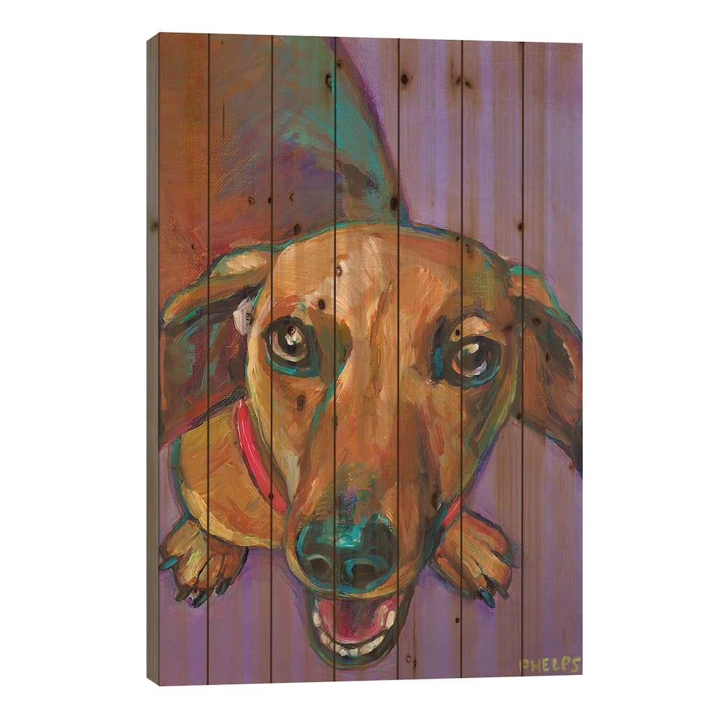 Lucy The Dachshund Print On Wood by Robert Phelps - Multi-Color