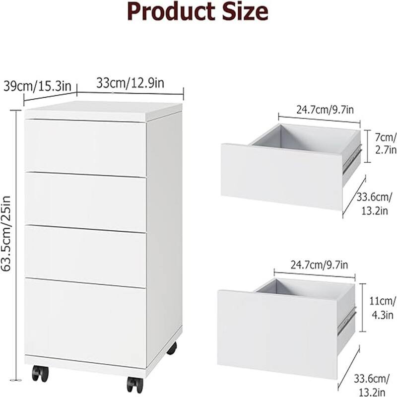 Cabinet, 4-Drawer Filing Cabinet with Wheels - 15.3"D x 12.9"W x 25"H