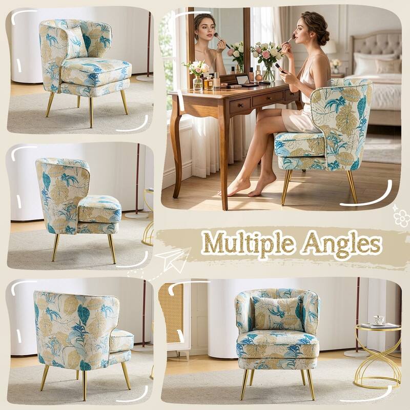 Mid Century Modern Upholstered Reading Chair with Lumbar Pillow, Gold Metal Legs, Small Space Friendly for Living Room Bedroom