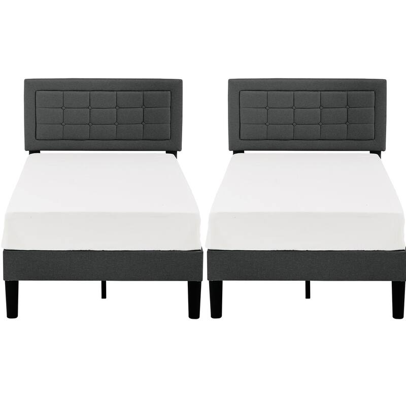 VECELO Tufted Upholstered Kids Bed with Adjustable Headboard,Twin Size Bed Set of 2 - Grey