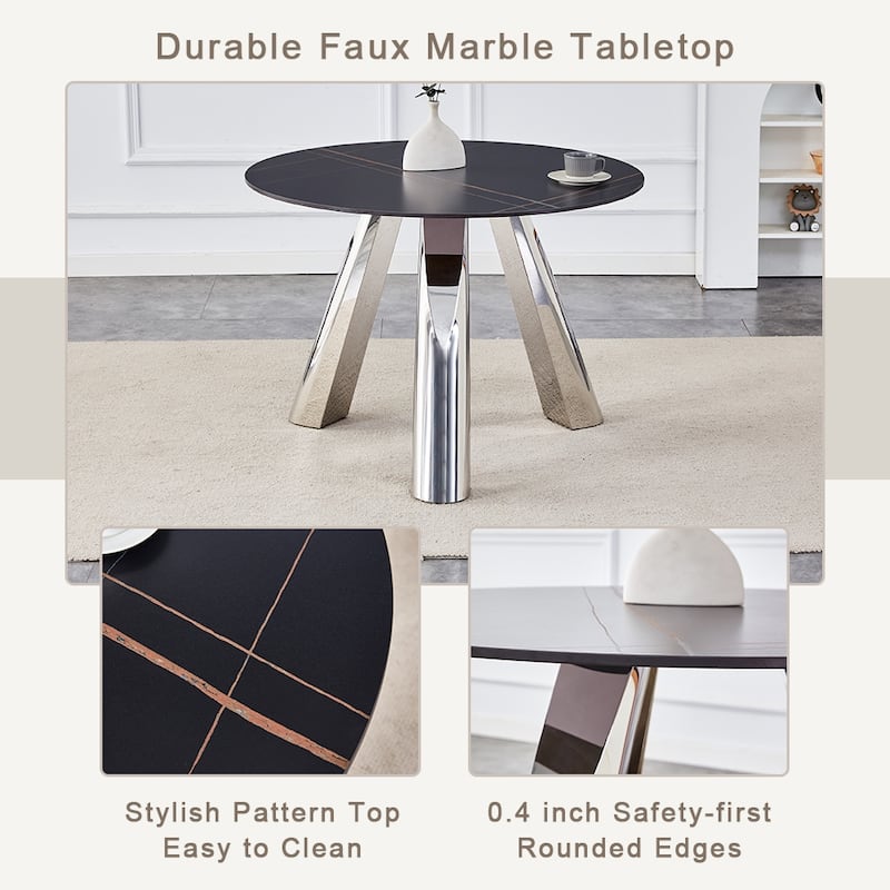A 42-inch round black dining table with a granite top and stainless steel legs, paired with four PU material dining chai