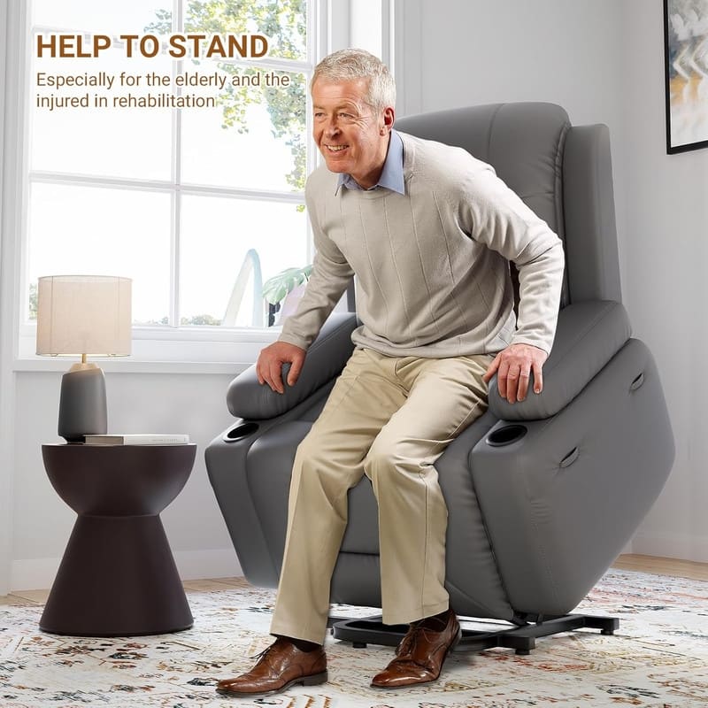 Power lift recliner chair with massage, cup holders, and side pocket.