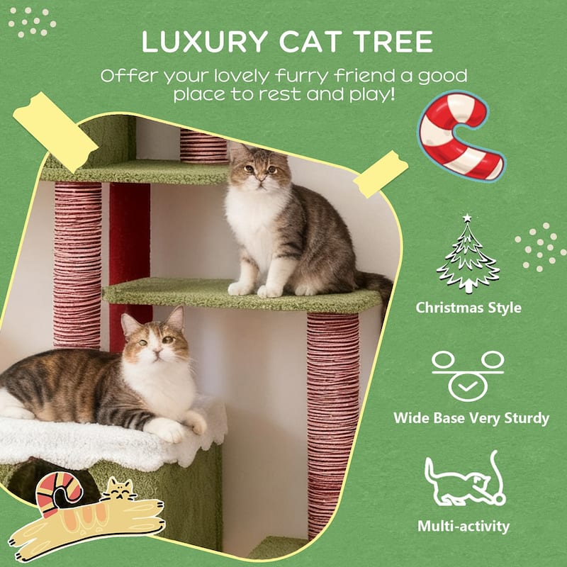 Wide Christmas Cat Tree Tower for Indoor Cats, Wood Cat Tree With Large Condo Wood ladder - Red
