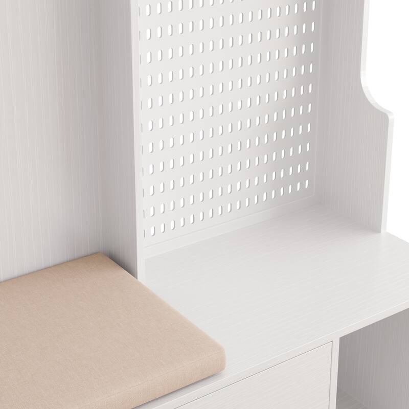 Modern Minimalist Coat Rack, Entry Bench with Linen Cushioned , Storage Shelf, DIY Pegboard, for Entrance and Hallway, Black