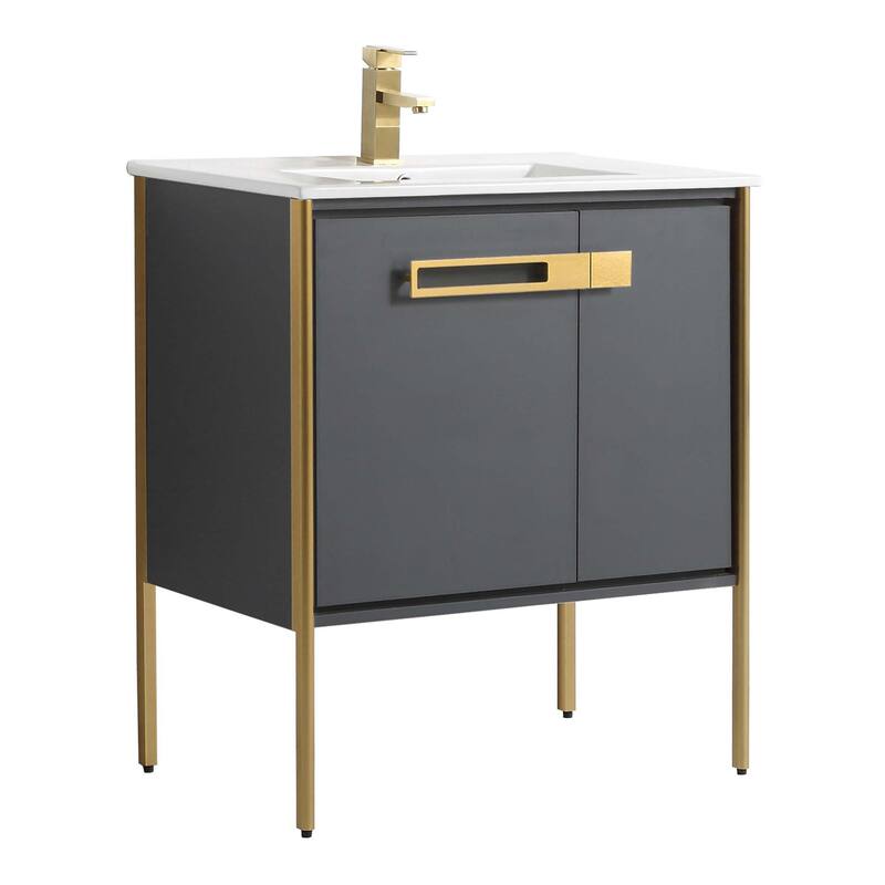Fine Fixtures Oakville Bathroom Vanity with White Ceramic Sink - 30 Inch - Onix Grey - Satin Brass Hardware