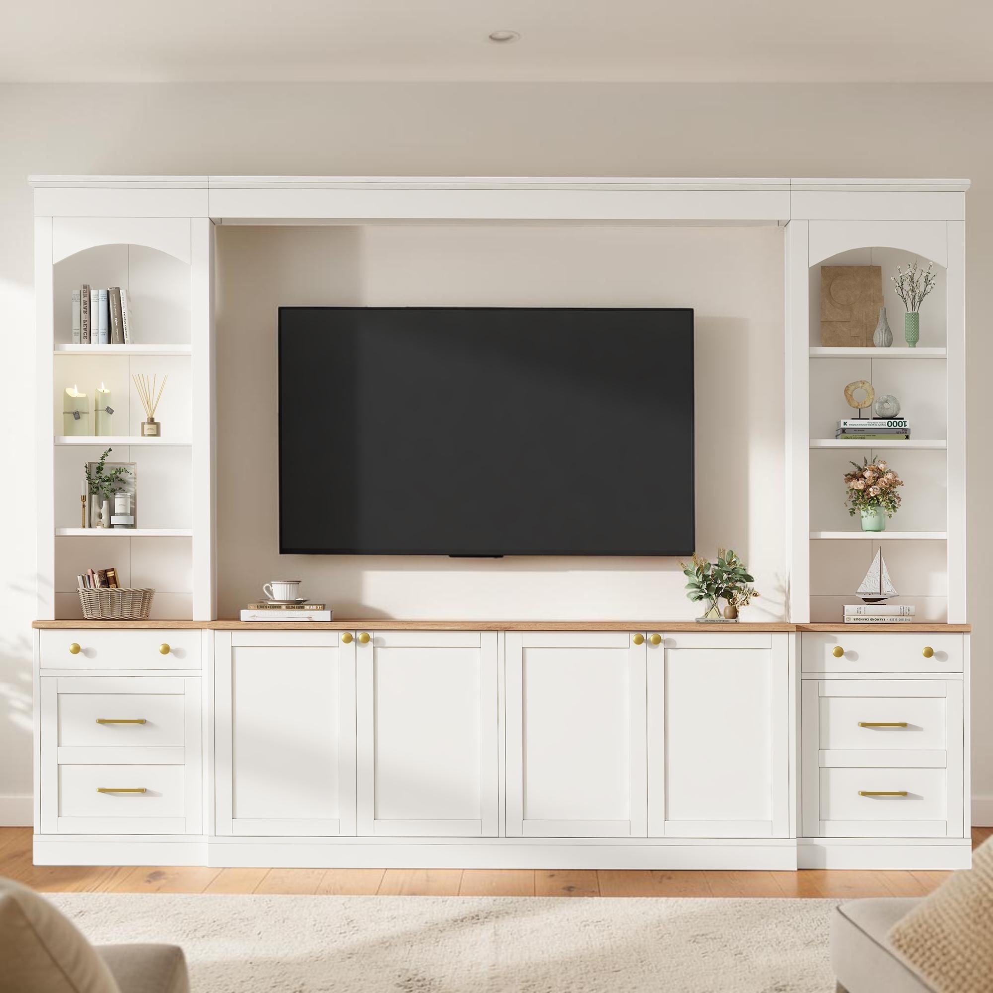 106 Inch Farmhouse TV Wall Unit for TVs up to 70 Inch, Arched Media Console with Shelves Cabinets and Drawers