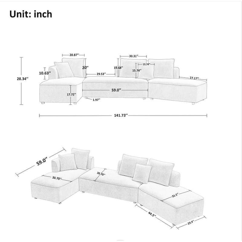Oversized Curved Sherpa Upholstered 6-seats Sectional Sofa Couch