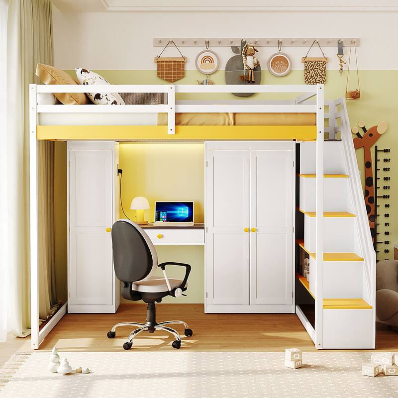 Full Size Loft Bed with Storage Staircase, Built-In Dressing Table, USB Ports & Lights by Harper&Bright Designs - White+Yellow