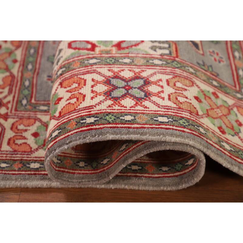 Gray Geometric Kazak Oriental Accent Rug Handmade Wool Carpet - 3'4"x 4'10"