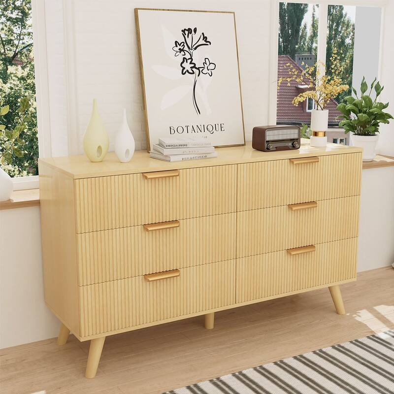 Gymojoy Fluted 6 Drawer Dresser with Gold Metal Handles, Modern Chest of Drawers for Living Room, Bedroom, Apartment