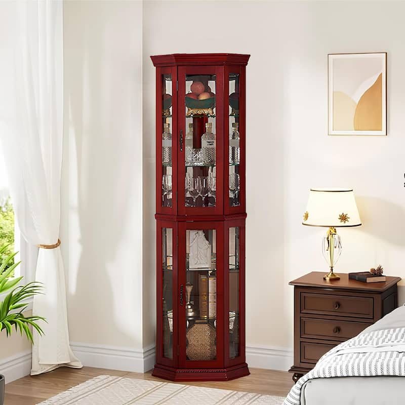 Roomfitters Wooden Corner Display Curio Cabinet, Lighted China Cabinet with Tempered Glass Door