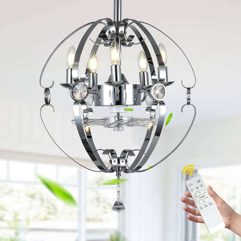 CurveCurio Elegant 20" Chrome Metal Frame Fanlight with Crystal Accents, 5 Lights, Quiet DC Motor for Modern Kitchens - Chrome