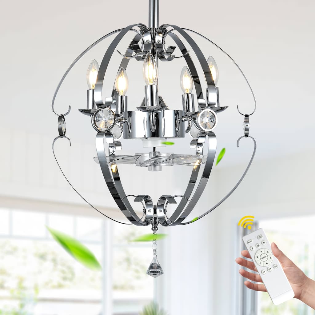 CurveCurio Elegant 20" Chrome Metal Frame Fanlight with Crystal Accents, 5 Lights, Quiet DC Motor for Modern Kitchens