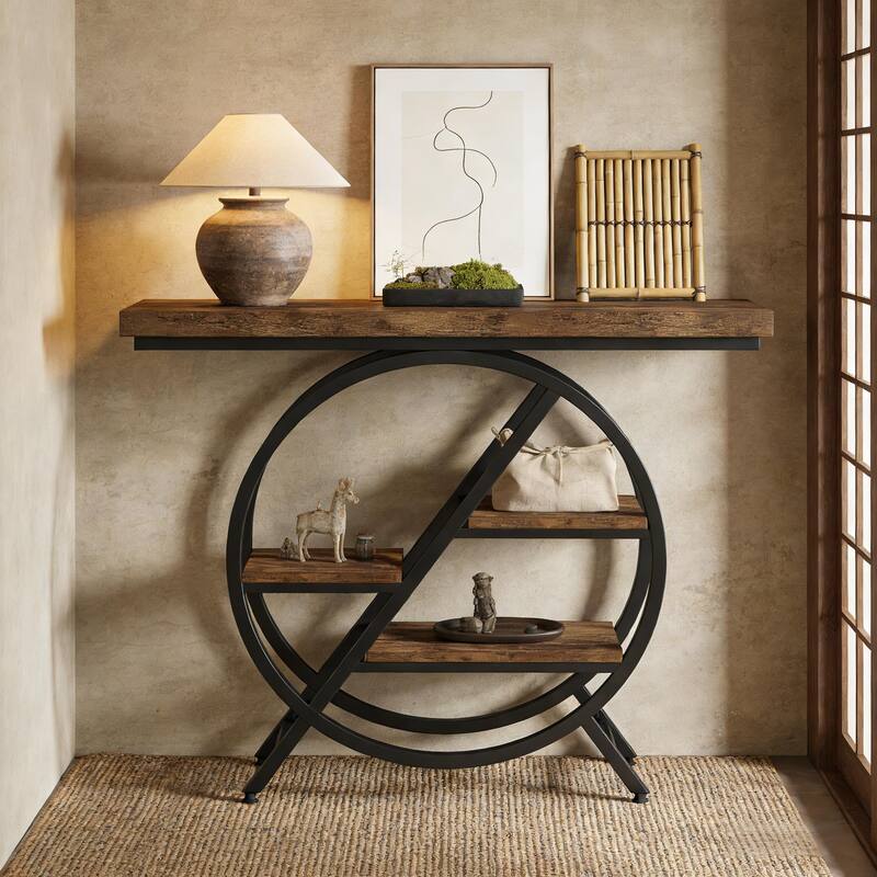 Hall Table, Chic Console Table, Functional Entryway Table - Black+Brown