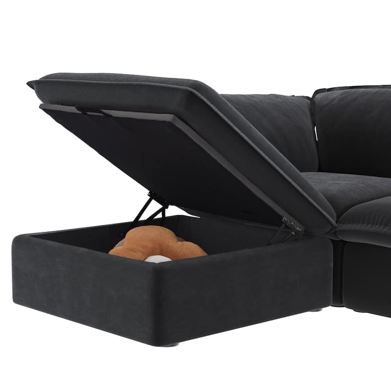L-shape Linen Multiple Cushions Sofa Upholstered Sectional Sofa with Storage Ottoman