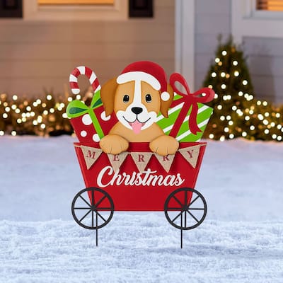 Glitzhome 24"H Metal Christmas Dog and Gift Cart Yard Stake Wall Decor - Multi