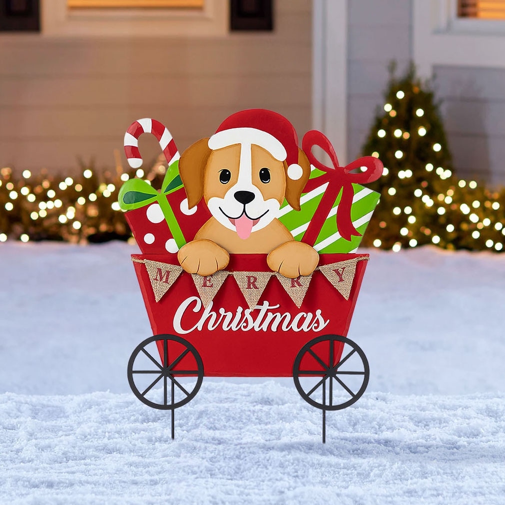 Glitzhome 24"H Christmas Metal Highland Cow with Barrow Yard Stake Dog and Gift Cart Wall Decor
