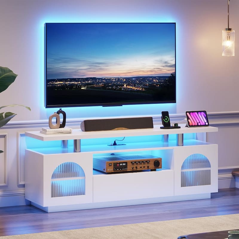 TV Stand for 65 inch TV, Modern Entertainment Center with Power Outlets and LED Lights