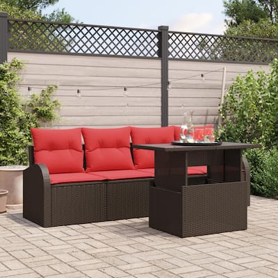 vidaXL 5 Garden Sofa Set with Cushions Black/Brown/Grey Poly Rattan - 92.1 x 24.4 x 27.2