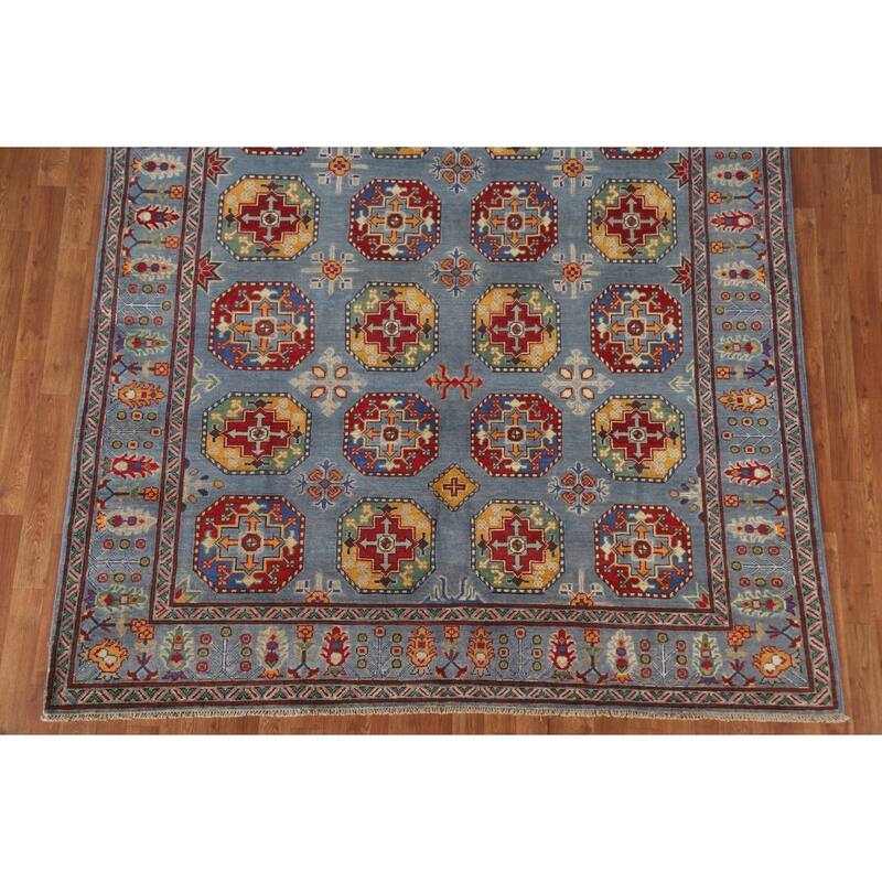 Hand Knotted Oriental 100% Wool Carpet Traditional All-Over Navy Blue & Blues Kazak Area Rug - 9' 8'' X 6' 9''