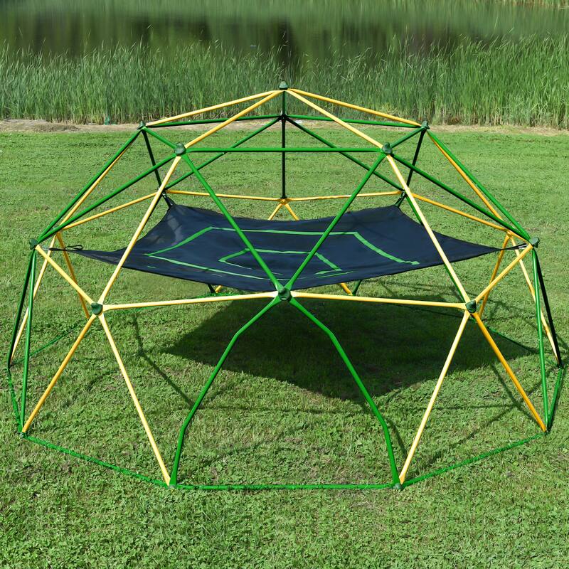 12ft Geometric Dome Climber Play Center, Kids Climbing Dome Tower with Hammock, Rust & UV Resistant Steel Supporting 1000 LBS - Green + Yellow