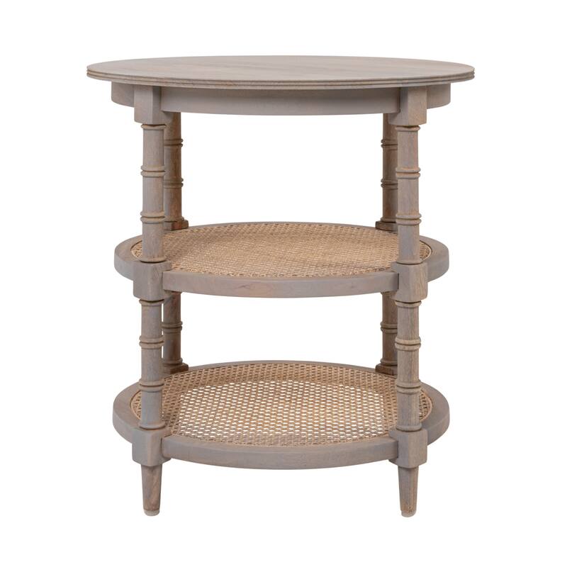 Round Mango Wood Table with 2 Cane Shelves