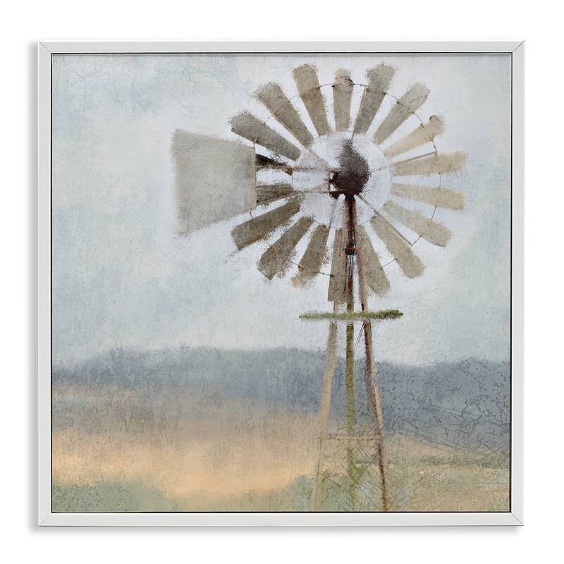 Stupell Neutral Blue Windmill Breeze Farmyard Painting, Framed Giclee, 12 x 1.5 x 12, Made in USA - Multi-color - 24 x 24 - White
