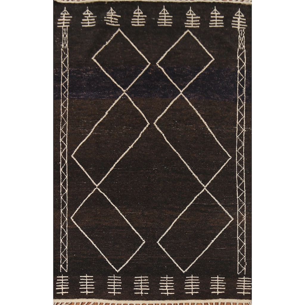 Dark Brown Trellis Moroccan Oriental Area Rug Hand-Knotted Wool Carpet - 5'11"x 9'7"