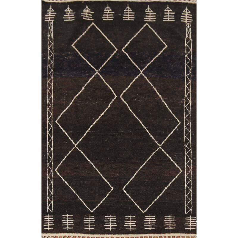 Dark Brown Trellis Moroccan Oriental Area Rug Hand-Knotted Wool Carpet - 5'11"x 9'7"