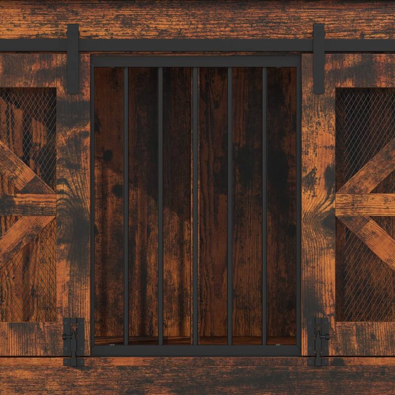 Double Dog Crate Furniture w/Drawers for Small Dogs, Rustic Farmhouse Dog Kennel End Table, Sliding Barn Doors - 47.2"W