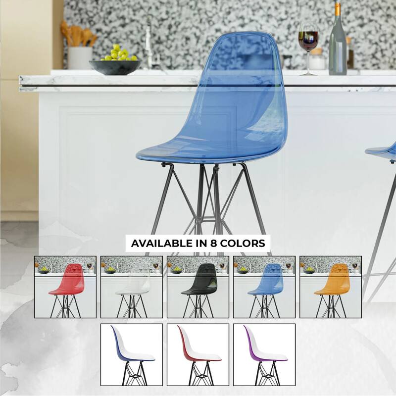 Cresco Acrylic Barstool in Brushed Black Steel Base with Ergonomic Seat, Footrest, & Floor Pads for Kitchen or Home Bar Set of 2
