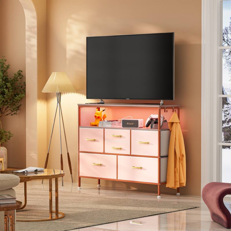 Dresser for Bedroom TV Stand with Power Outlets and LED Light, 6 Dresser with Shelves for 45" TV, PU Finish