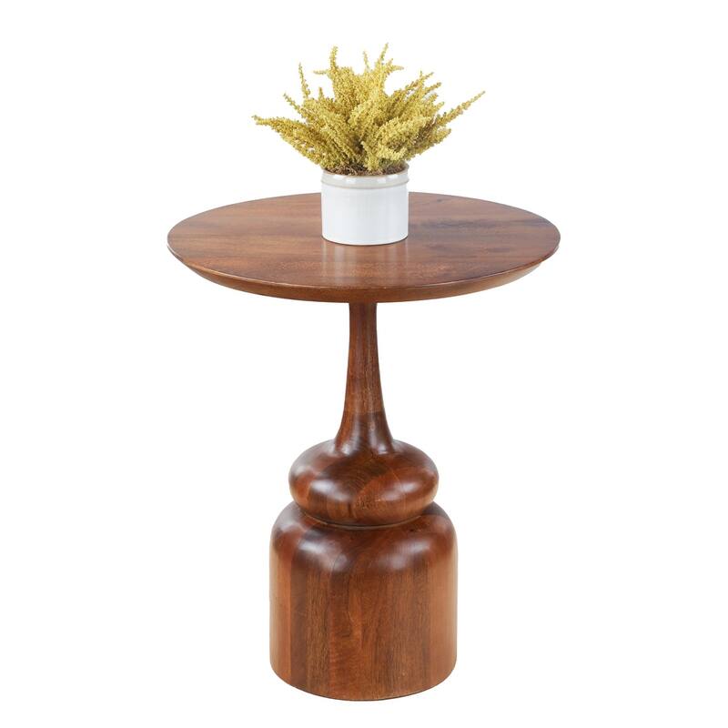 Round Accent Table - Solid Mango Wood with Sculpted Pedestal Base