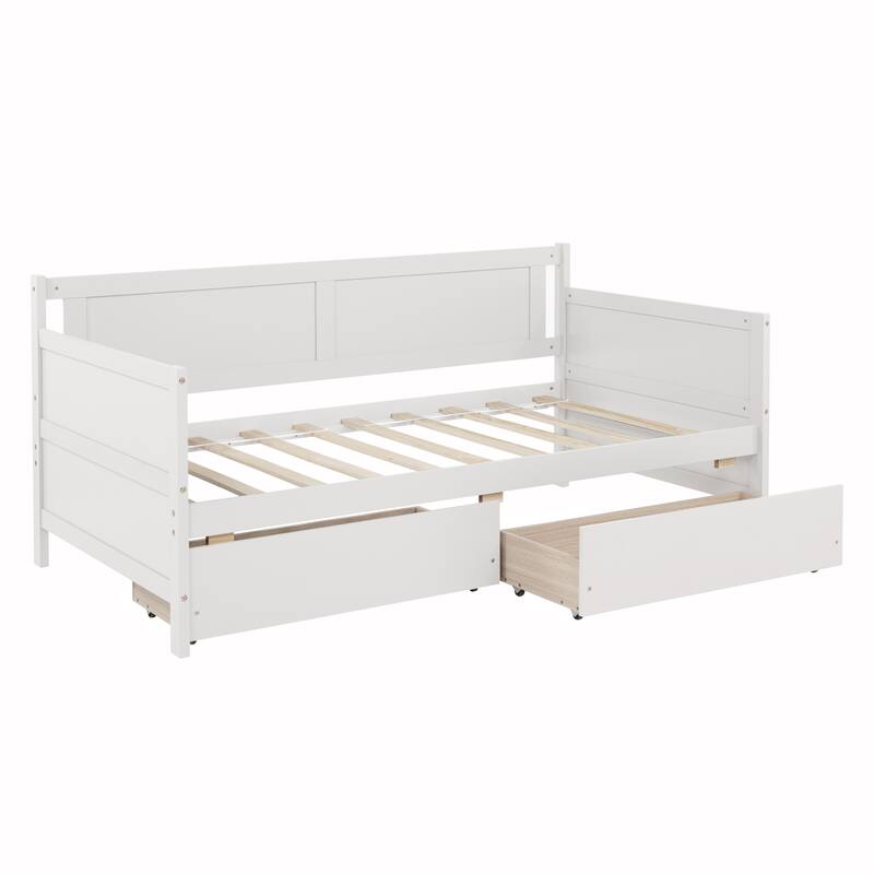 Twin Size White Pine Wood Daybed with 2 Storage Drawers, Convertible Sofa Bed for Bedroom or Living Room