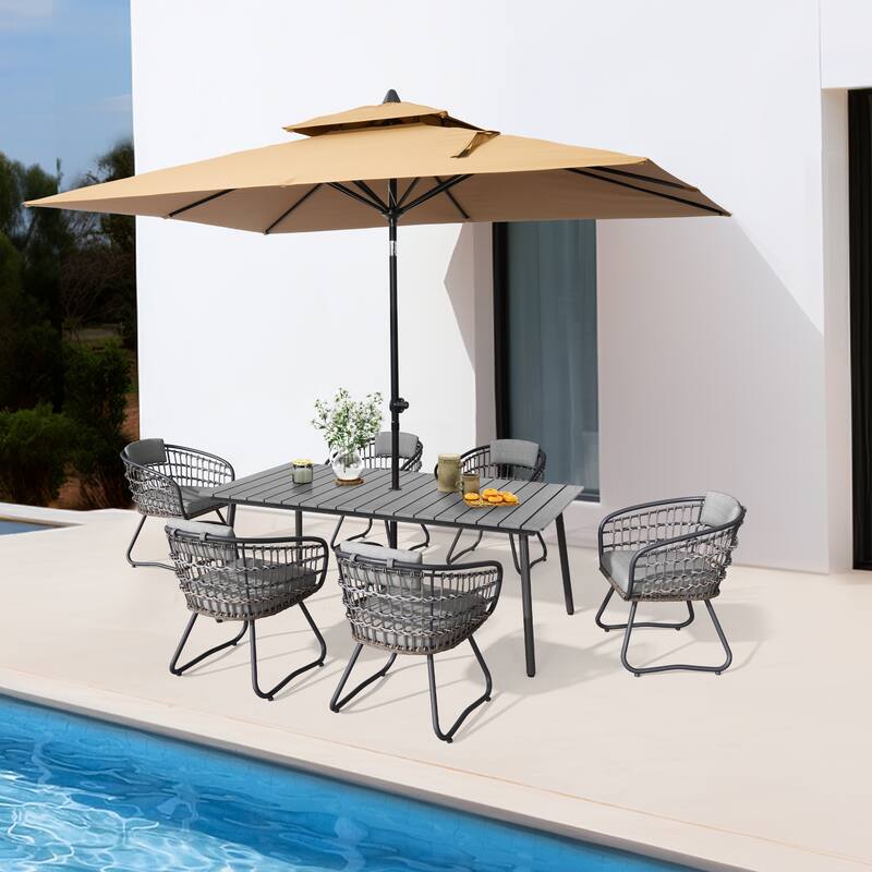 Outdoor Patio Rectangular Aluminum Dining Table Set with Umbrella Hole with Rattan Chair