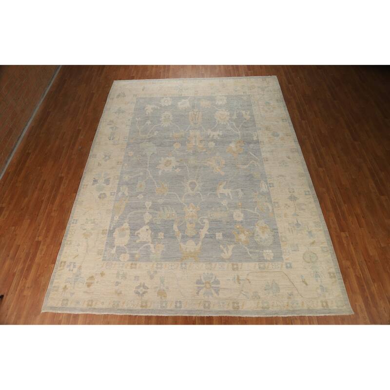 Vegetable Dye Blue Oushak Turkish Large Rug Hand-Knotted Wool Carpet - 10'2"x 13'8"