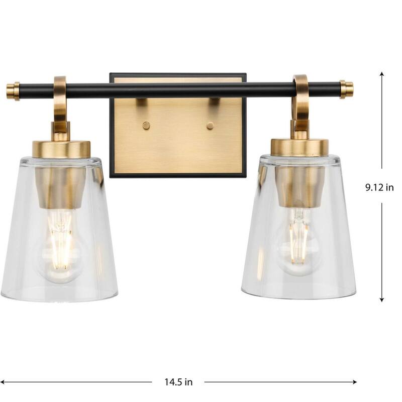Cassell Collection Two-Light Vintage Brass Matte Black Luxe Industrial Bath & Vanity Light - 14.5 in x 6.62 in x 9.12 in