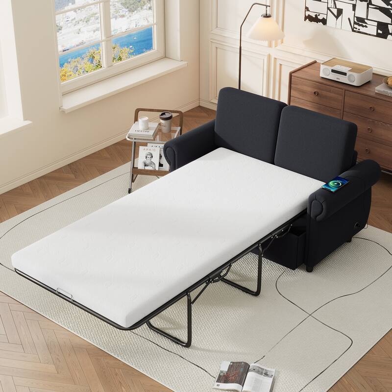 Compact Pull-Out Sofa Bed with Twin Memory Foam Mattress and USB Charging Ports, Perfect for Small Spaces - Black