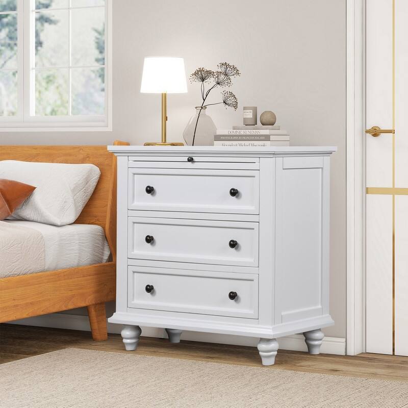 Farmhouse 3-Drawers Wood Nightstands with Pull Out Tray and Solid Wood Legs