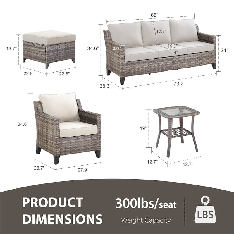Glissia 6-Piece Gray Wicker Patio Seating Set with Cushions and Ottomans