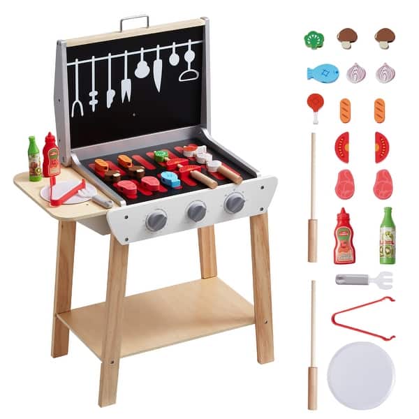 slide 2 of 7, Wooden Play Barbecue Toy Grill, Kids Grill Playset Wooden Play Food Kitchen Accessory (21 PCS) - 21 PCS Kids