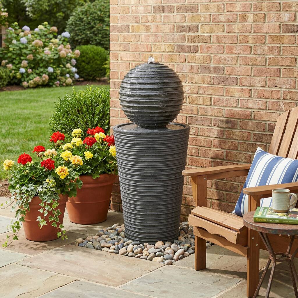 Roomfitters 31.5-Inch Tall Striped Column Outdoor Fountain with LED Lights, Concrete Modern Art Sculpture & Water Feature, Gray