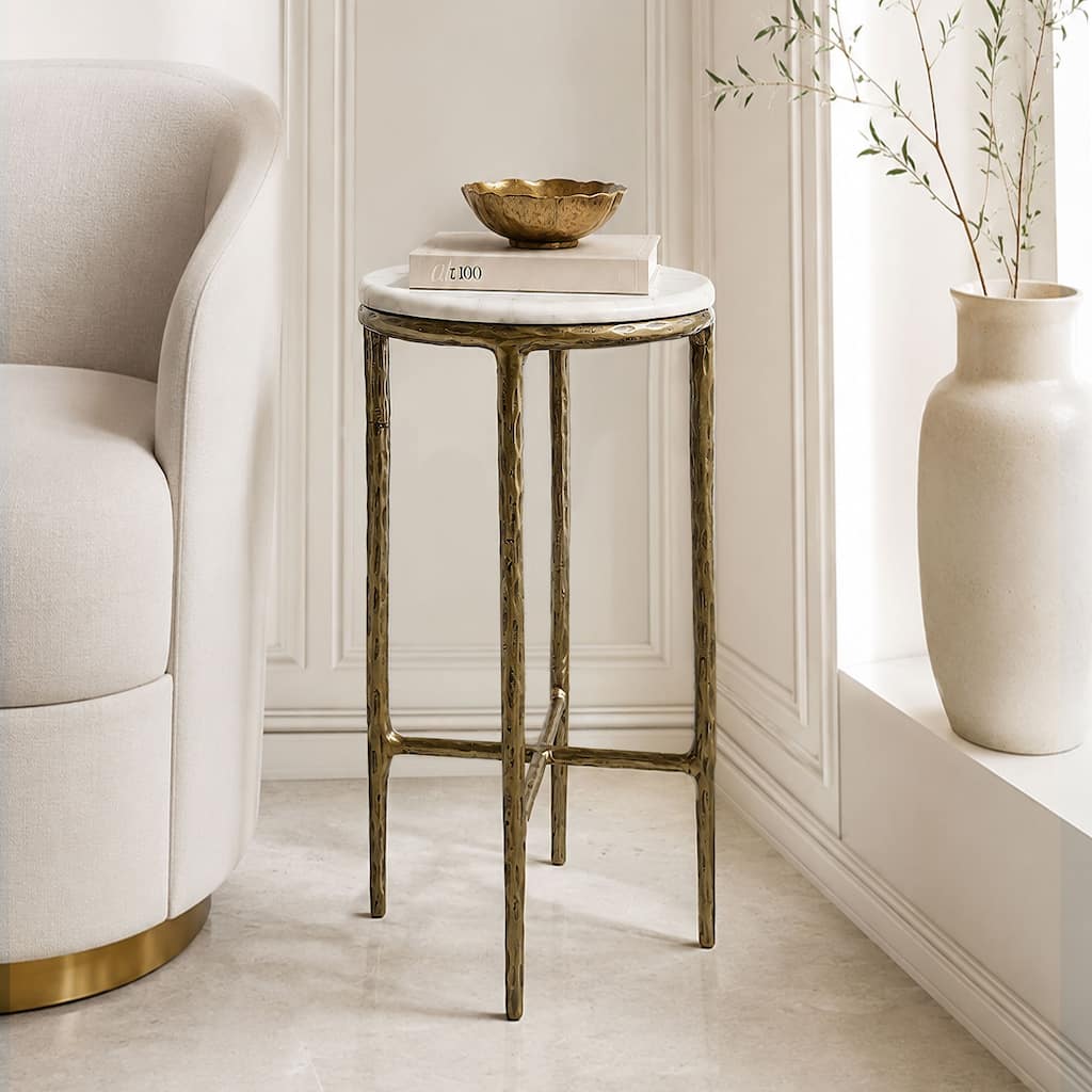 The Urban Port Accent 24 Inch Side End Table, White Marble Round Top