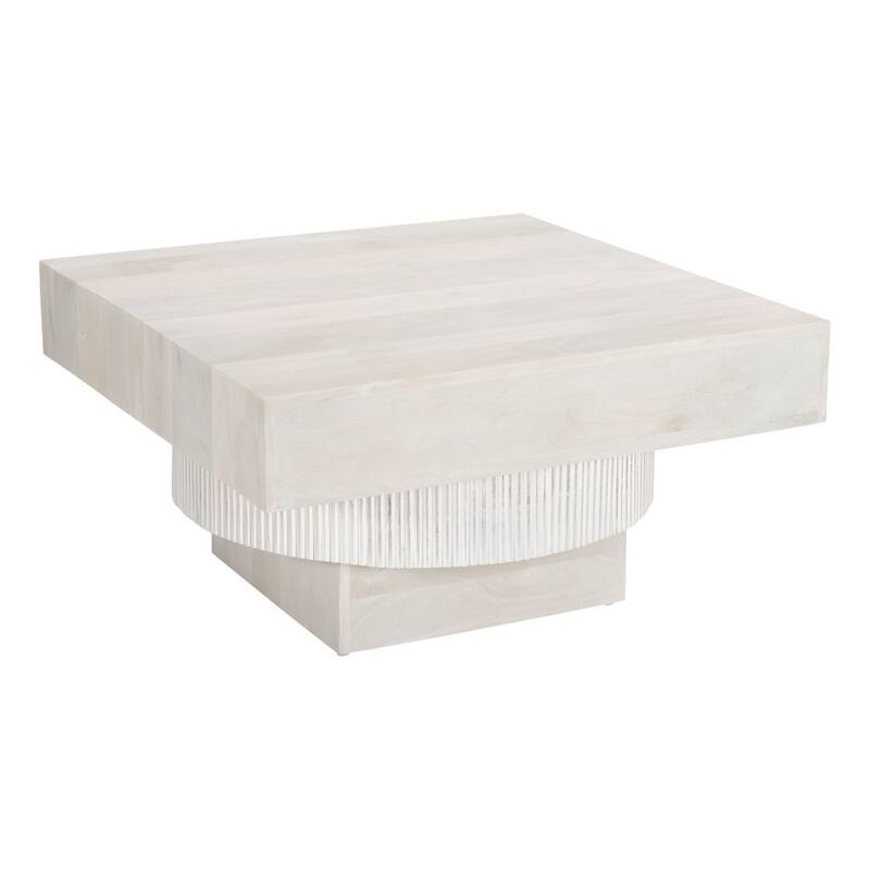 HomeRoots 36" Natural White Solid Wood Square Geo Pedestal Coffee Table - 36.00 in. x 17.70 in. x 36.00 in.