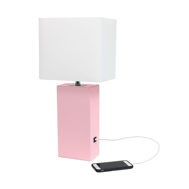 Modern Leather Table Lamp with USB and White Fabric Shade