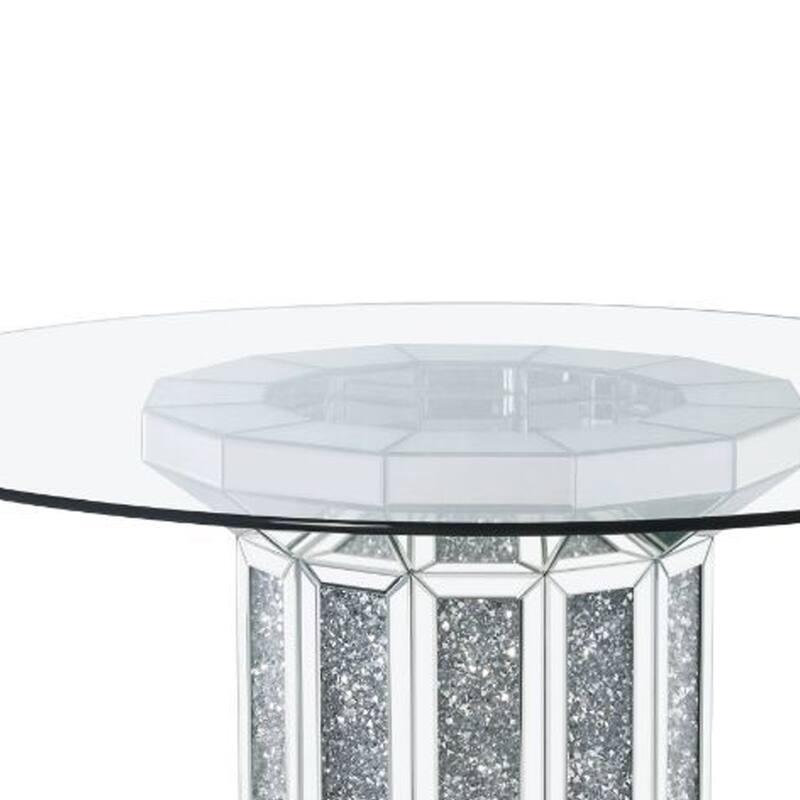 Round Glass Top Dining Table with Cross Oval Base, Silver