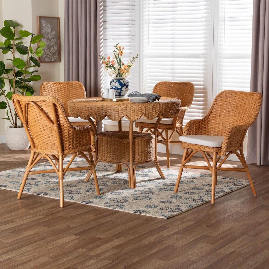 Tucson 5-Piece Rattan Dining Set - Round Wicker Table with Scallop Edge and 4 Armchairs, Handwoven Boho Coastal Style for Dining